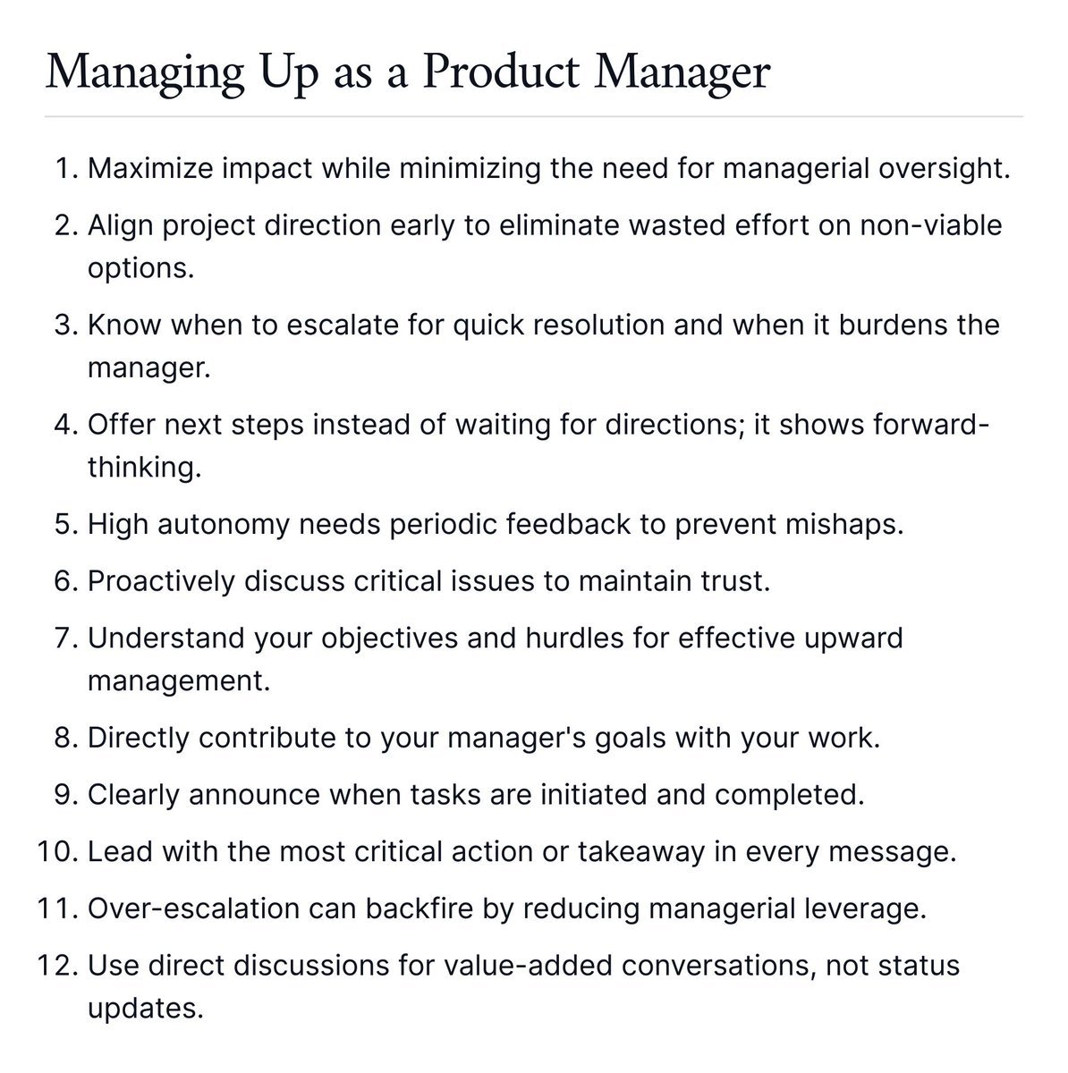 nurijanian's tweet photo. Managing up as a PM is a weird skill to learn

This list might be overkill, and having it doesn't magically make you do all this.

But at the core, it's about getting out of your way, keeping momentum &amp; learning to work with others. https://t.co/Qui9NRAJN6
