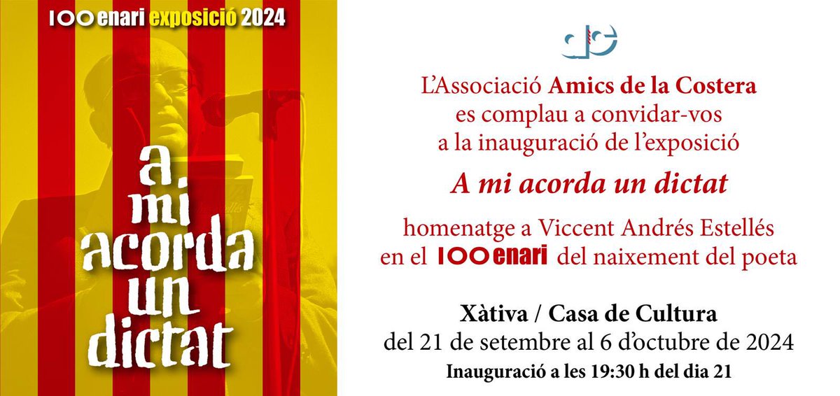 📣Inauguració exposició “A mi acorda un dictat”

✍️1️⃣0️⃣0️⃣Homenatge a Vicent Andrés Estellés en el centenari del naixement del poeta

🗓️Dissabte 21 de setembre
🕢19.30 h
📍Casa de la Cultura de Xàtiva

👉Organitza: <a href="/AmicsCostera/">Amics de la Costera</a>

#AnyEstellés #CentDEstellés