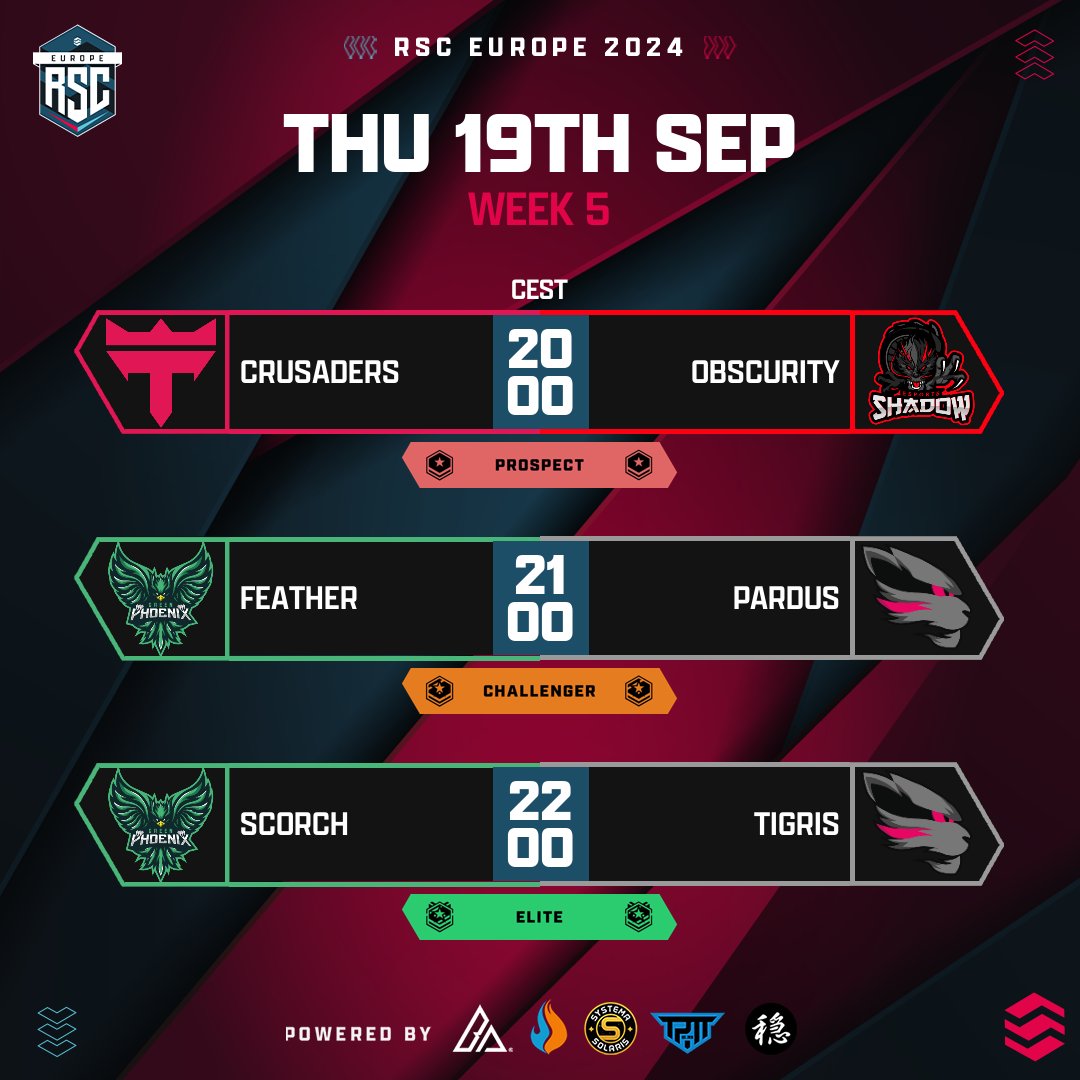 RSC EU (@rsc_eu) on Twitter photo ๐ฃ Match Day! ๐ฃ
<a href="/Green_Phoenix1/">GP</a> & <a href="/PNTReSports/">Panthera eSports</a> double header! ๐จ
Crusaders ๐ Obscurity @ 20:00 CEST
Feather ๐ Pardus @ 21:00 CEST
Scorch ๐ Tigris @ 22:00 CEST
๐ - @sirpigasus, Kiki, @danci1501, <a href="/GM667_/">Gareth Mayes</a>
๐ฌ - <a href="/ItzKendoSir/">Kendo ๐ด๓ ง๓ ข๓ ณ๓ ฃ๓ ด๓ ฟ</a>
๐บ - twitch.tv/rsc_eu ๐ฃ Match Day! ๐ฃ
<a href="/Green_Phoenix1/">GP</a> & <a href="/PNTReSports/">Panthera eSports</a> double header! ๐จ
Crusaders ๐ Obscurity @ 20:00 CEST
Feather ๐ Pardus @ 21:00 CEST
Scorch ๐ Tigris @ 22:00 CEST
๐ - @sirpigasus, Kiki, @danci1501, <a href="/GM667_/">Gareth Mayes</a>
๐ฌ - <a href="/ItzKendoSir/">Kendo ๐ด๓ ง๓ ข๓ ณ๓ ฃ๓ ด๓ ฟ</a>
๐บ - twitch.tv/rsc_eu