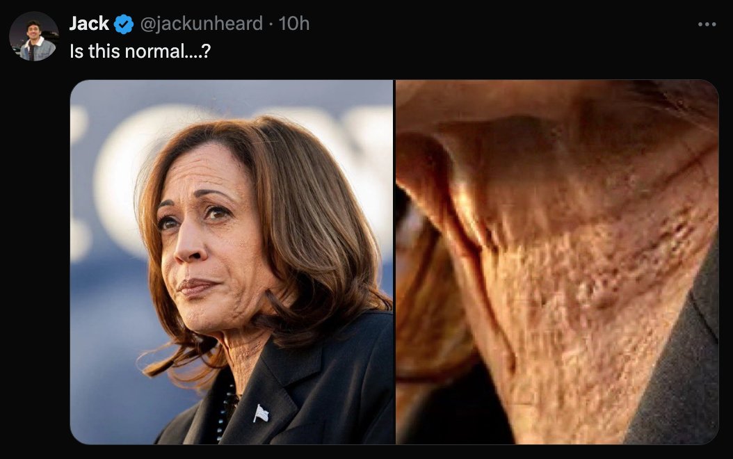 MAGA and the Russian trolls farms are really struggling to come up with anything that sticks.

They are now resorting to mocking Kamala Harris' neck wrinkles.

You can't make this stuff up!