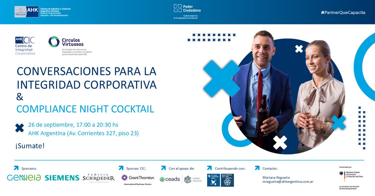 #ApoyoCEADS “Conversaciones para la Integridad Corporativa &amp; Compliance Night Cocktail”. Organizado por el Centro de Integridad Corporativa (CIC) de la AHK Argentina y Círculos Virtuosos de <a href="/poderciudadano/">Fundación Poder Ciudadano</a>

🗓️ 26 /9 de 17:00 a 20:30 hs

👉 Inscripciones: forms.office.com/pages/response…