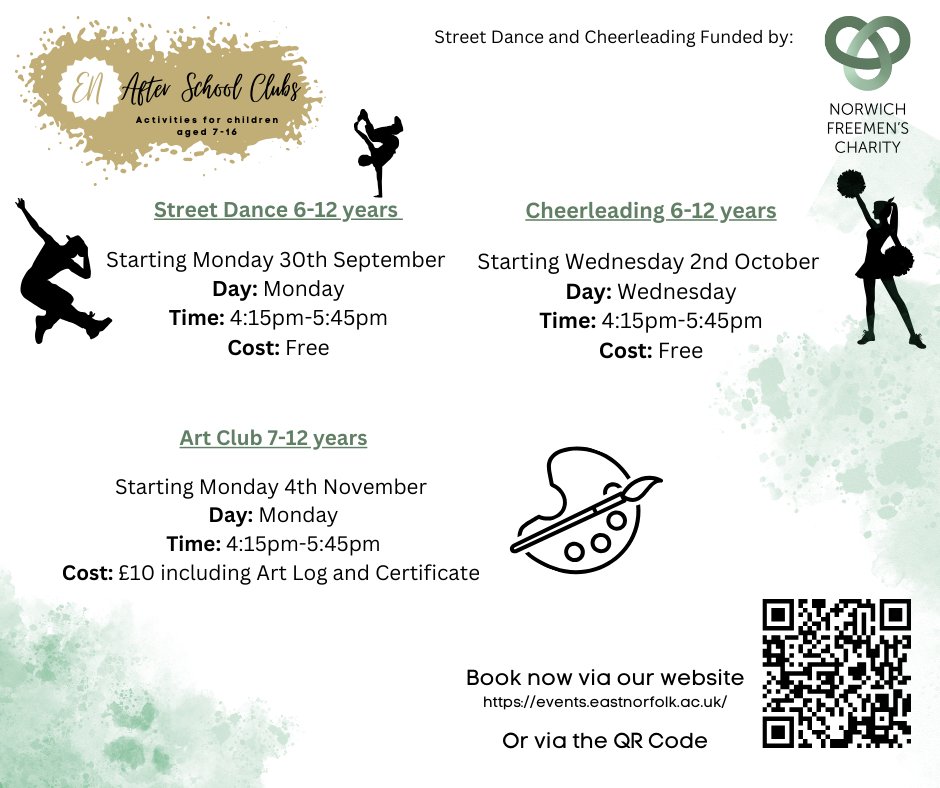 We have some fantastic After School Clubs happening this term! 🎬🎨🩰

Limited spaces available in all sessions so booking quickly is advisable.
events.eastnorfolk.ac.uk/Events