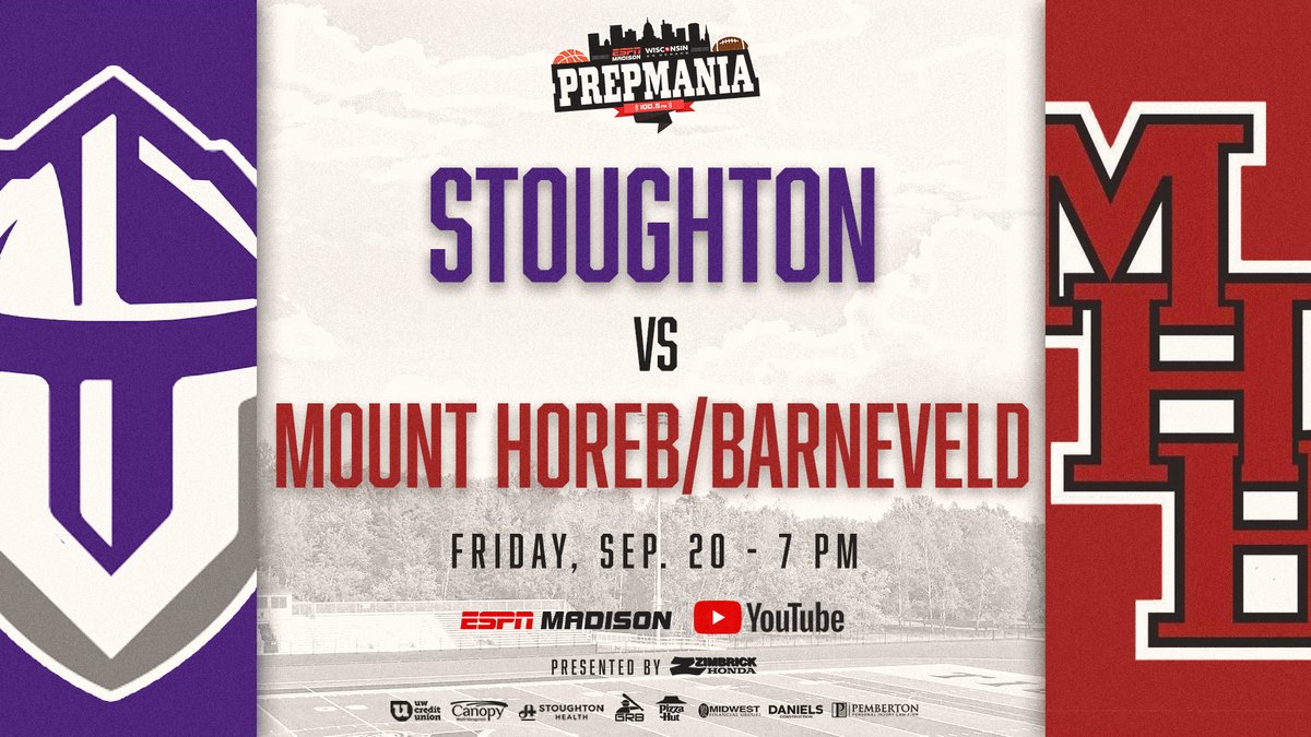 𝐄𝐒𝐏𝐍 𝐌𝐀𝐃𝐈𝐒𝐎𝐍's #𝐏𝐫𝐞𝐩𝐌𝐚𝐧𝐢𝐚 𝐆𝐀𝐌𝐄 𝐎𝐅 𝐓𝐇𝐄 𝐖𝐄𝐄𝐊
   
Stoughton at Mount Horeb/Barneveld

𝙒𝘼𝙏𝘾𝙃 - youtube.com/@ESPNMadison 

Presented By <a href="/ZimbrickHonda/">Zimbrick Honda</a>
