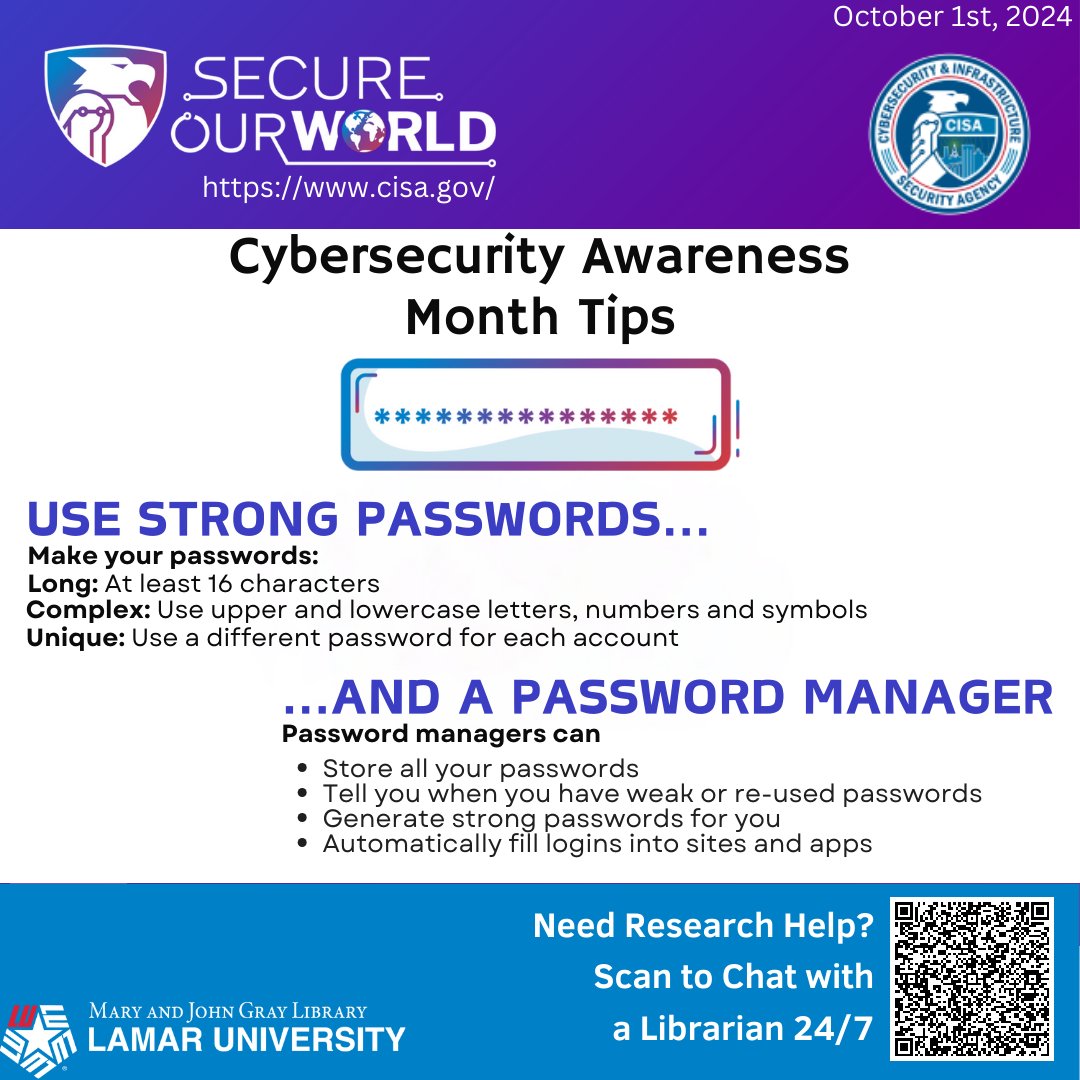LamarUnvLibrary's tweet image. 🛡️ October is Cybersecurity Awareness Month! 🛡️
It's time to level up your online safety game! 💻🔒 We are sharing essential tips to help protect you and your data from cyber threats. Stay informed and stay secure! ✅
Want more info right now? Check out cisa.gov