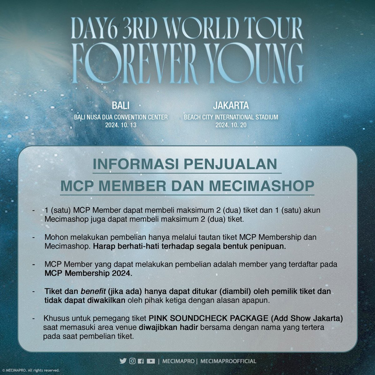 mecimapro's tweet photo. #DAY6_FOREVER_YOUNG_Indonesia - Informasi penjualan tiket tambahan dengan jumlah terbatas. My Day, harap baca pemberitahuan berikut dengan seksama. Good luck dan sampai jumpa di hari konser!🎉 https://t.co/TGnFBUvcPY