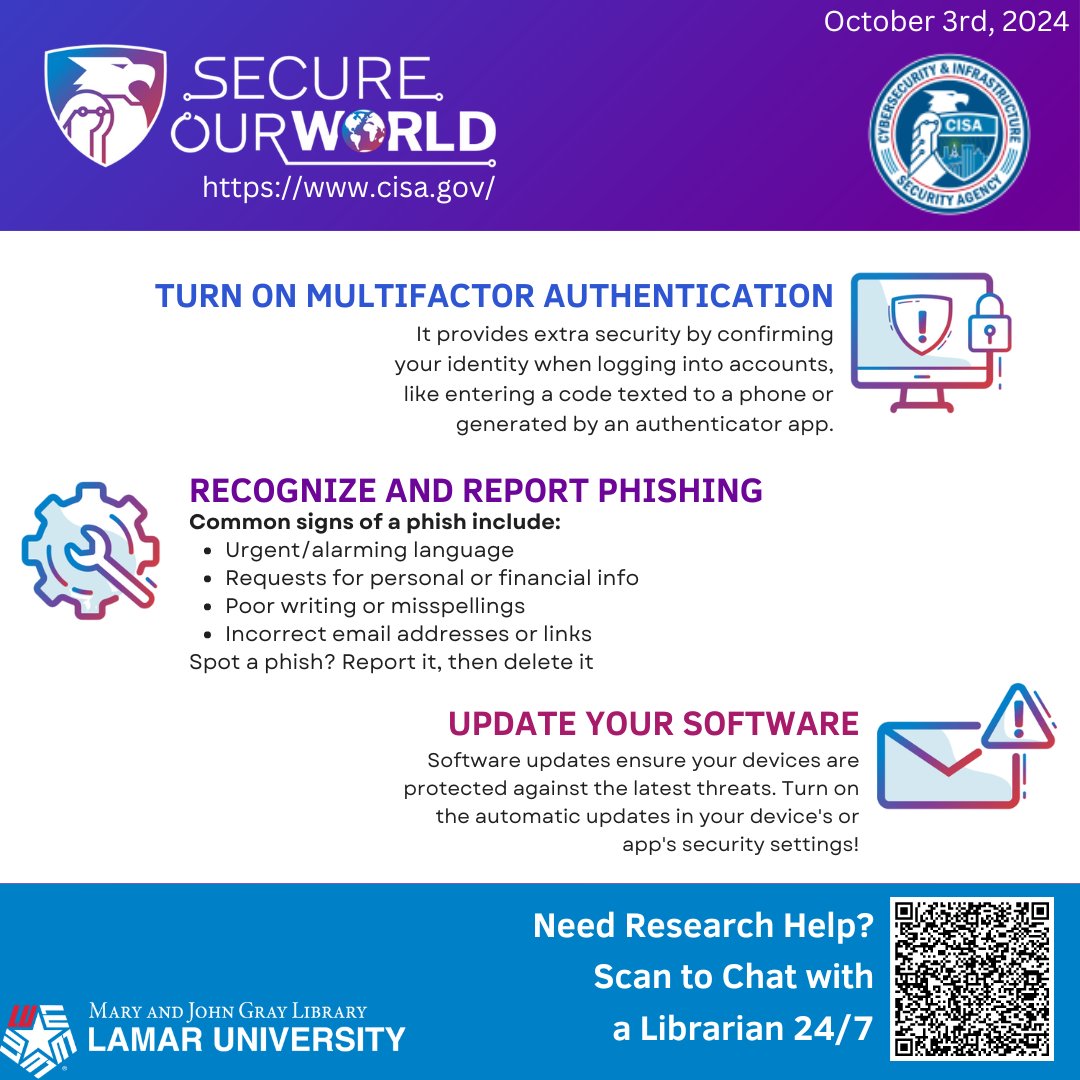 LamarUnvLibrary's tweet image. 🛡️ October is Cybersecurity Awareness Month! 🛡️
It's time to level up your online safety game! 💻🔒 We are sharing essential tips to help protect you and your data from cyber threats. Stay informed and stay secure! ✅
Want more info right now? Check out cisa.gov