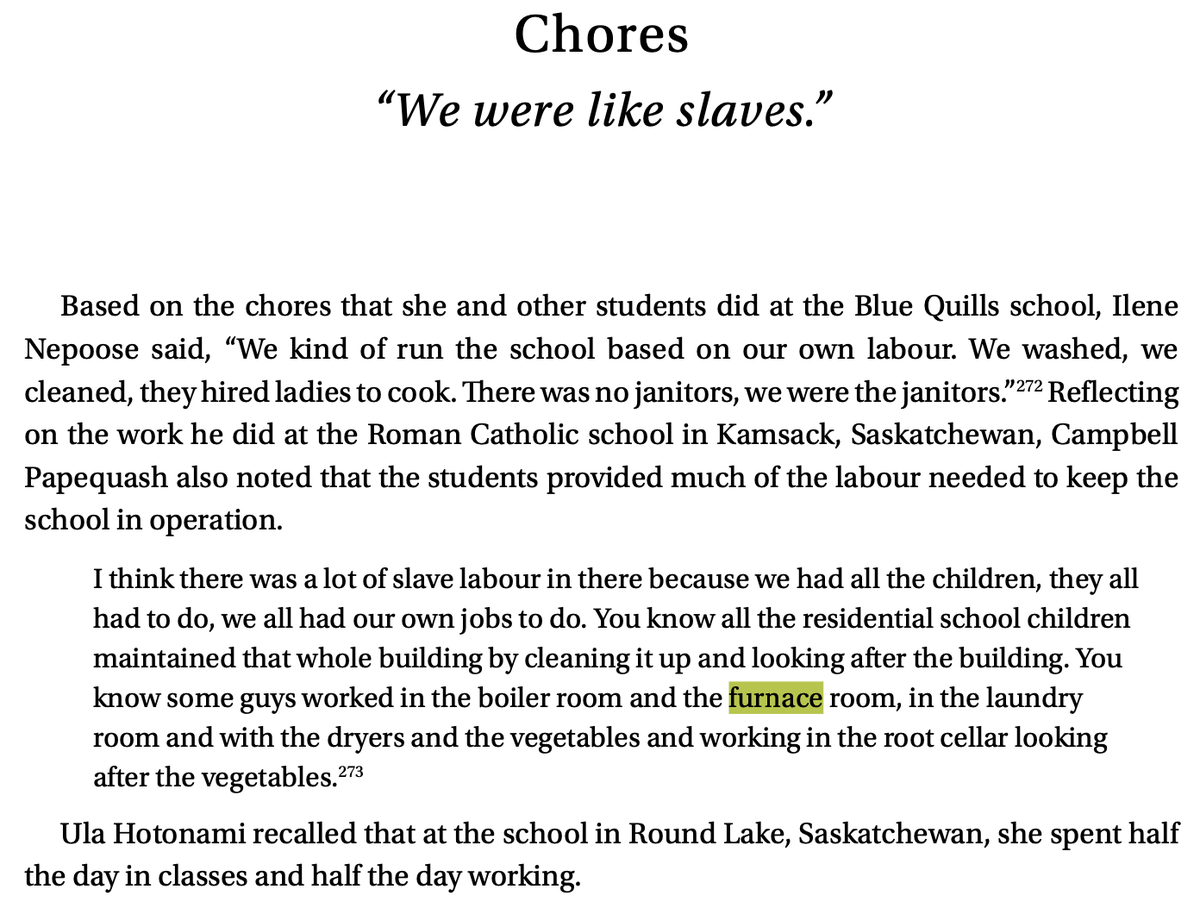 TRCTruth's tweet photo. So called IRS "slaves" have recently spread the story of babies killed in furnaces. 

The TRC's report "Survivors Speak 2015" mentions furnaces only in association with work.

The children resented the difficult work. 

They had hard lives, like children in British Workhouses. https://t.co/Iq0OKcSUHp