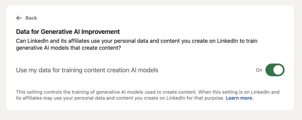 Another day, another Opt-Out setting for using our data for AI. Can't wait for the sigma grindset AI bot <a href="/LinkedIn/">LinkedIn</a> creates 🙄

Can change it in Settings &gt; Data Privacy