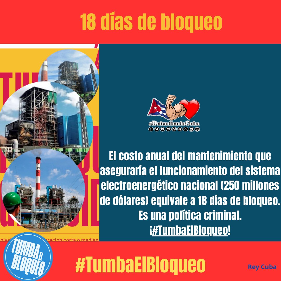 #CubaVsBloqueo: 18 días sin bloqueo equivalen al costo anual del mantenimiento (sin incluir el combustible y las inversiones) del Sistema Electroenergético Nacional, 250 millones de dólares aproximadamente.
A #EEUU #TumbaElBloqueo es una política criminal, es un genocidio.