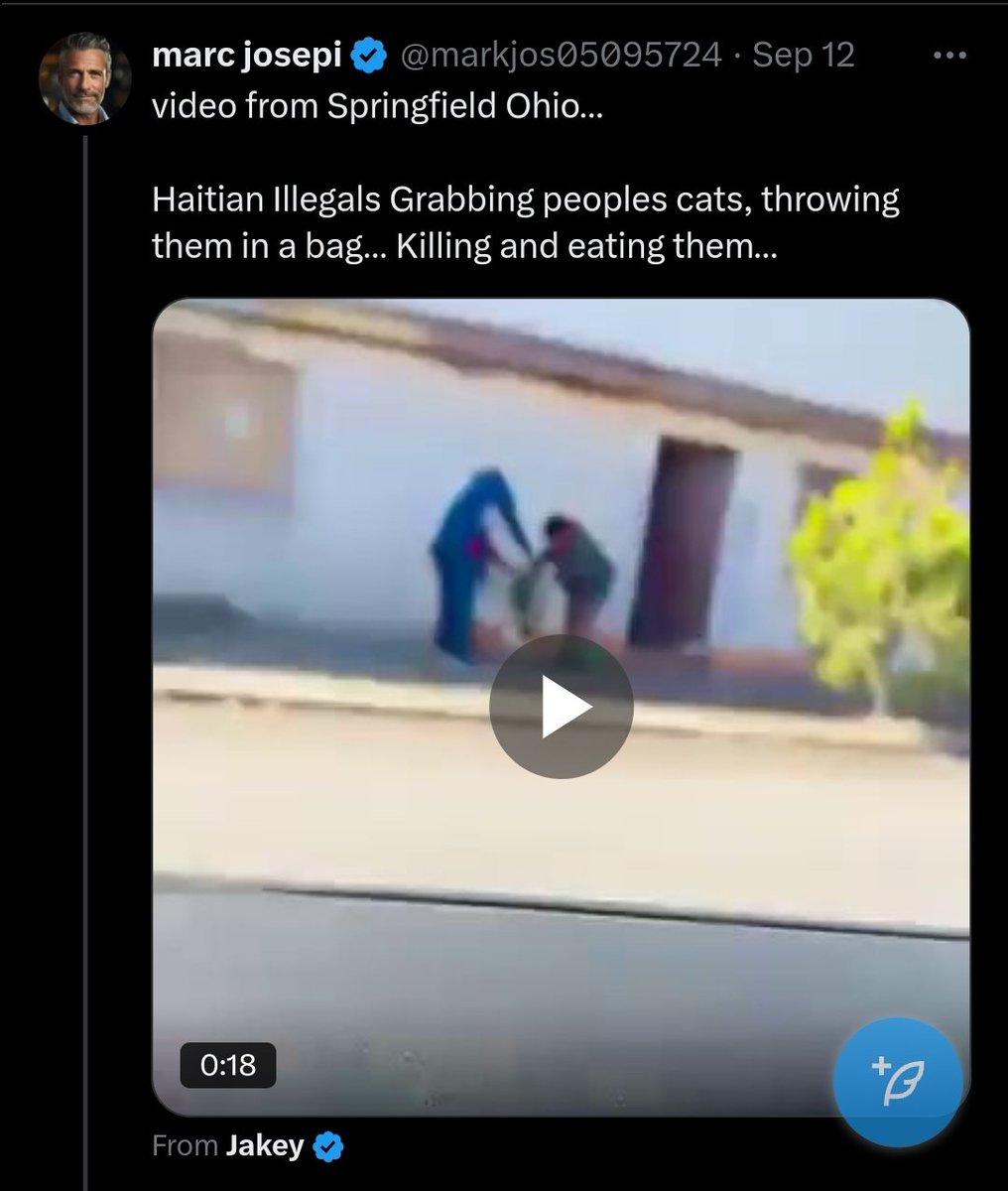 angillespie's tweet photo. @GPsofimis Perfect.  In the enclosed, this guy is bringing forth proof that they're eating cats in Springfield.  But the video isn't Springfield, it's not even America.

Twitter allows this happen. People making baseless claims and providing what they call proof.

How do you fix that? https://t.co/Lpg4Q8O5zr