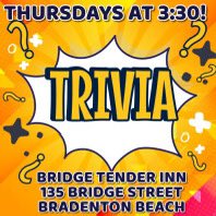 BridgeTenderInn's tweet photo. Join us for trivia fun today‼️ #bridgetenderinn #bradentonbeach #annamariaisland #yummyfoodandcocktails #meetmeatthetender #bestlivemusiconAMI #thursdayvibes https://t.co/P5cPQ1965Z