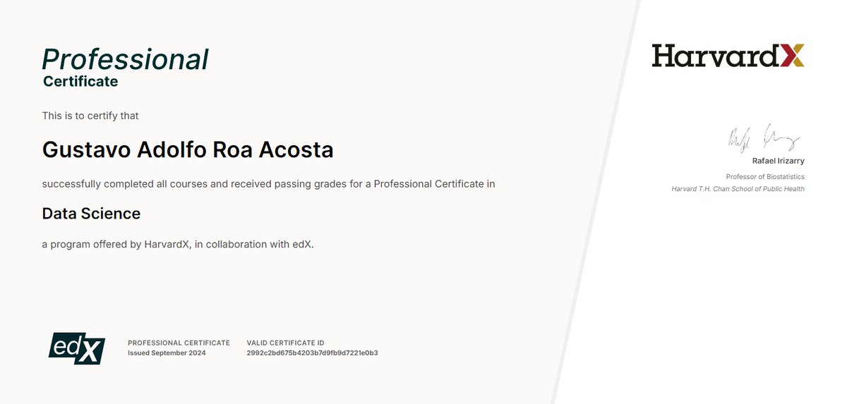 I am thrilled to announce that I have completed a Professional Certificate in Data Science from <a href="/HarvardOnline/">Harvard Online</a> in collaboration with <a href="/edXOnline/">edX</a>, thanks to <a href="/rafalab/">Rafael Irizarry</a>. #DataScience