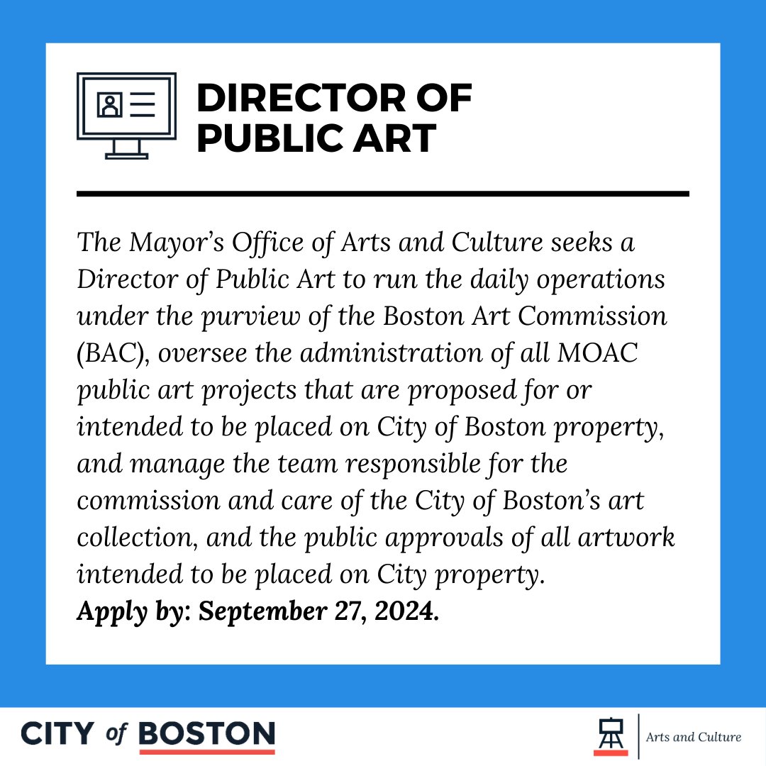#WorkWithUs | We’re looking to fill three consultant roles and one full-time position!

Visit linktr.ee/ArtsinBoston to learn more.