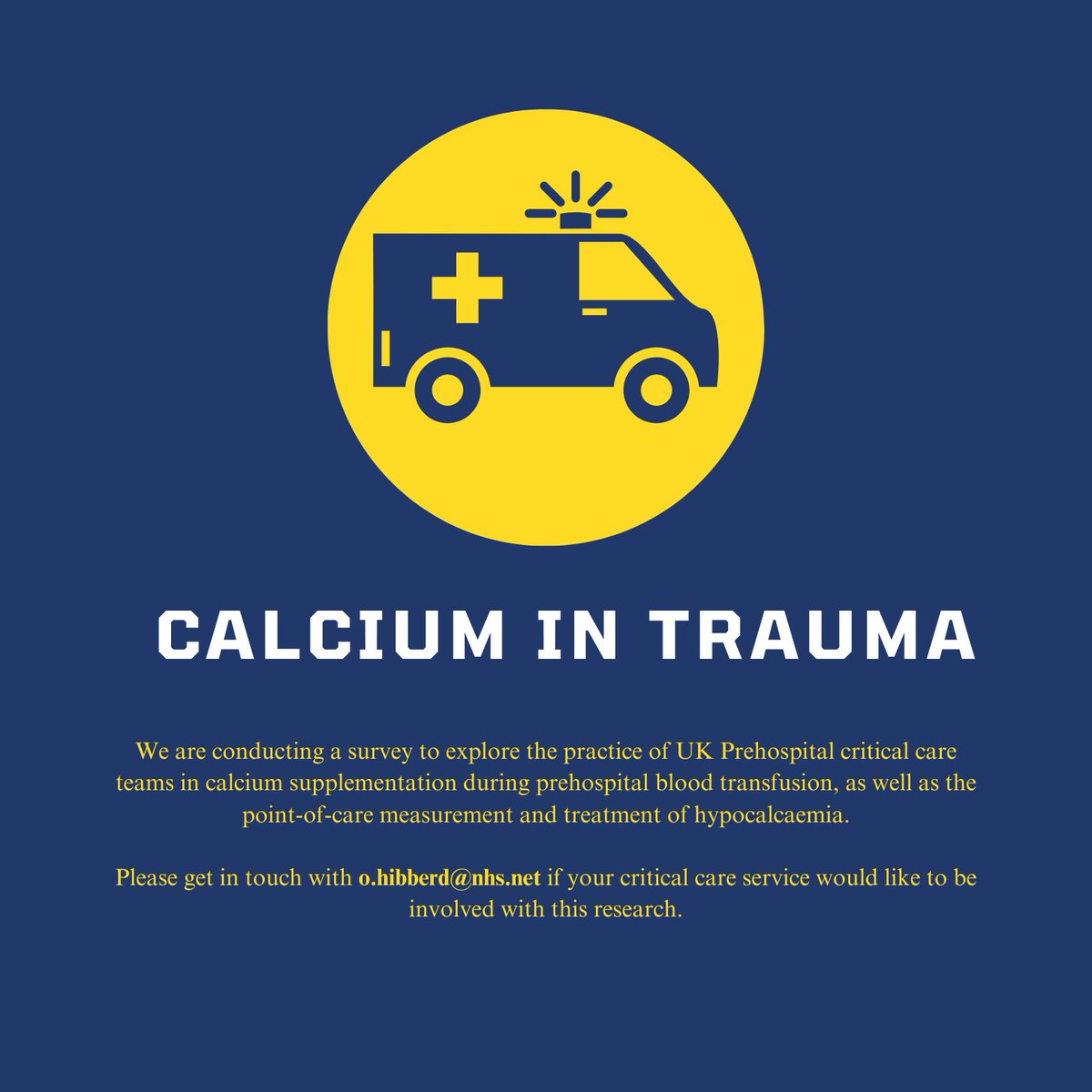 ⭐️ Opportunity to be involved in potential future prehospital RCT! ⭐️ 

Survey aims to explore the practice of UK PH critical care teams in calcium supplementation during blood transfusion &amp; POCT. 

Please send to your research or clinical lead!🚁 🚑 
 
bit.ly/PHEMCALCIUM