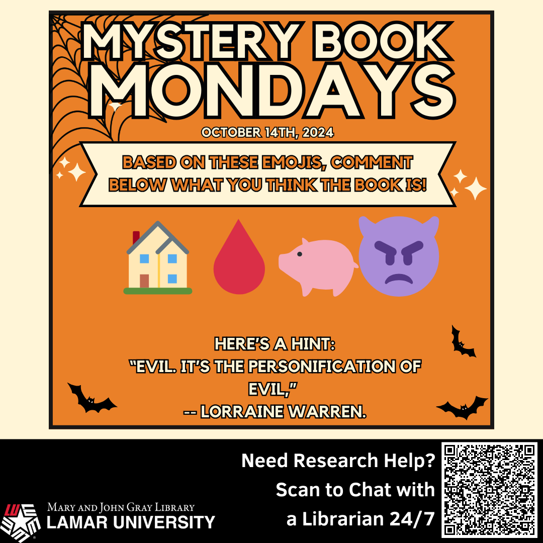 LamarUnvLibrary's tweet image. 👻🎃📚 Mystery Book Monday: Spooky Edition 👻🎃📚 Let's see if you're a true bookworm! 🐛📖Can you guess the book from these 4 emojis? Leave your guess in the comments! 🤔