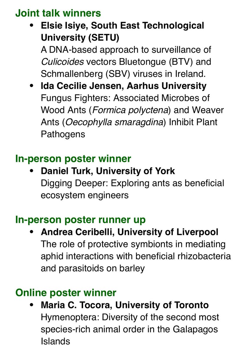 We are pleased to announce the student prize winners for #Ento24 🎉

We thank <a href="/nhbsNews/">nhbsNews</a> &amp; <a href="/CABI_News/">CABI</a> for supplying prizes &amp; the judges for their input throughout the event. We were incredibly impressed with the standard of presentations across the programme. Congrats to everyone!