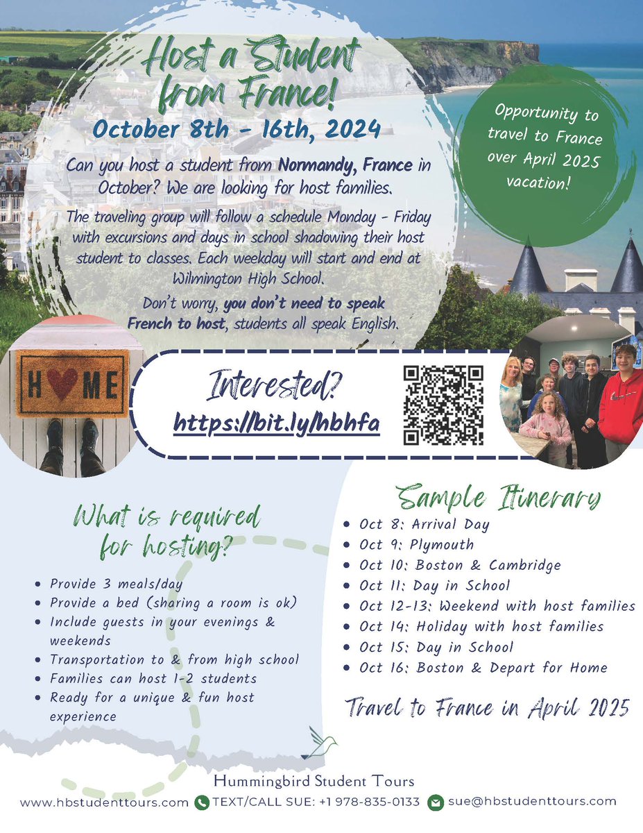 It takes a village to provide amazing educational opportunities to our students. Literally!  We’re looking to place THREE more girls with host families in Wilmington for this year’s 1-week WHS French Exchange.  Can you help? Please see below or reach out for more info!