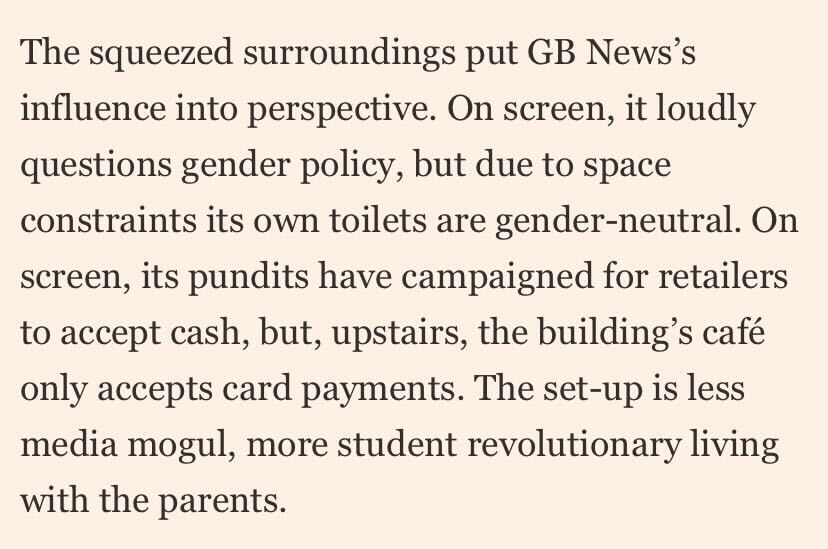stopfundingheat's tweet image. Remarkable long read in @FT last week, going behind the scenes at GB News. 

Among the eye-opening details:
📉 total losses have now exceeded £100m
🏃‍♂️ big name advertisers are wary
🚻 a fun irony: their loos are gender-neutral

Full article (paywalled): ft.com/content/316002…