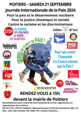 samedi 21 septembre 2024 - Poitiers - Journée internationale de la Paix à Poitiers dlvr.it/TDRGHF