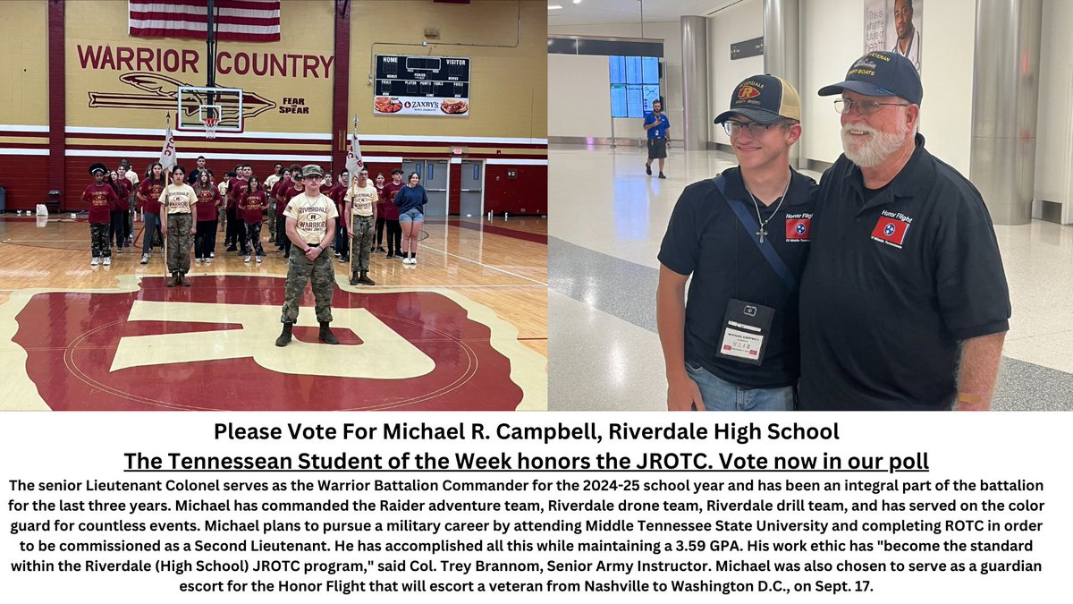 David Limbaugh (@rhs_sid) on Twitter photo Please vote for Michael R Campbell of <a href="/RiverdaleHighTN/">Riverdale HS</a> ROTC.
Click here to vote:
tennessean.com/story/news/loc…
@rhs_sports #arrowsup Please vote for Michael R Campbell of <a href="/RiverdaleHighTN/">Riverdale HS</a> ROTC.
Click here to vote:
tennessean.com/story/news/loc…
@rhs_sports #arrowsup