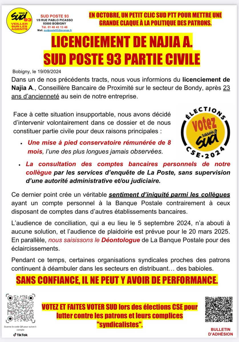 Licenciement de NAJIA A. SUD POSTE 93 Partie Civile.