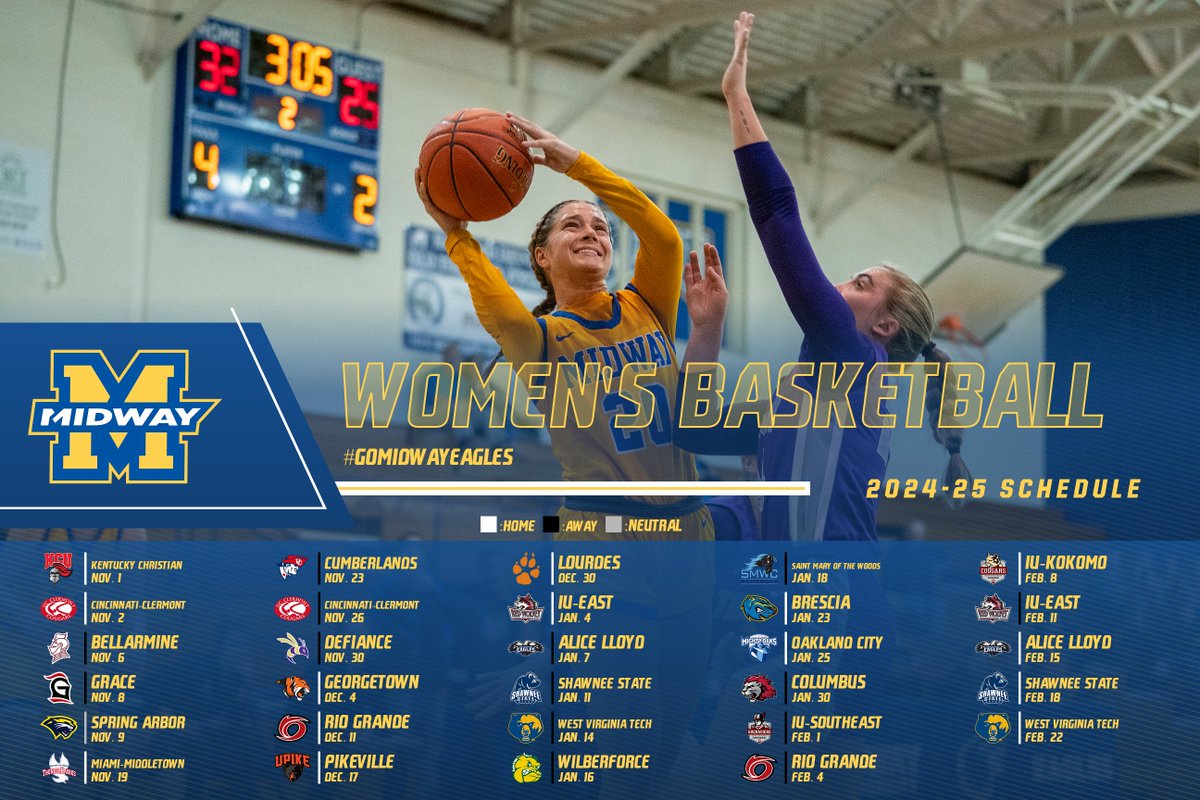 🚨SCHEDULE RELEASE🚨

<a href="/MidwayWbb/">Midway University WBB</a> will begin the 24-25 season with back-to-back home games on Nov. 1 and 2. The Eagles will play six teams that made the NAIA National Tournament a season ago - gomidwayeagles.com/sports/wbkb/20…