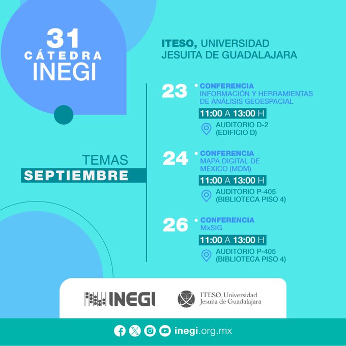 ¡La próxima semana se pondrá interesante! 🤓📚

No olviden que tenemos la cátedra <a href="/INEGI_INFORMA/">INEGI INFORMA</a> en el <a href="/ITESO/">ITESO</a>. Dos talleres online 💻 y tres conferencias híbridas 👥 para que aprendan un montón sobre datos y mapas. 🗺️📊

¡Aún están a tiempo de inscribirse! Es gratis.