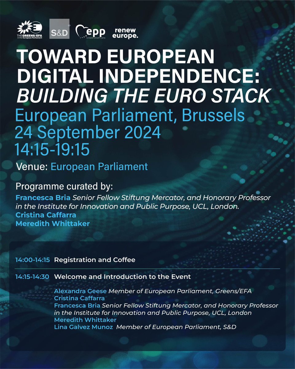 AlexandraGeese's tweet photo. Europe will only stay a free and democratic continent if we become digitally independent. EU did a great job regulating, but now it’s time to build! Join us for kick-off ! @francesca_bria @Caffar3Cristina @mer__edith 
@linagalvezmunoz @AxelVossMdEP @s_yoncourtin 
@fbrantner https://t.co/l214GsSN8m