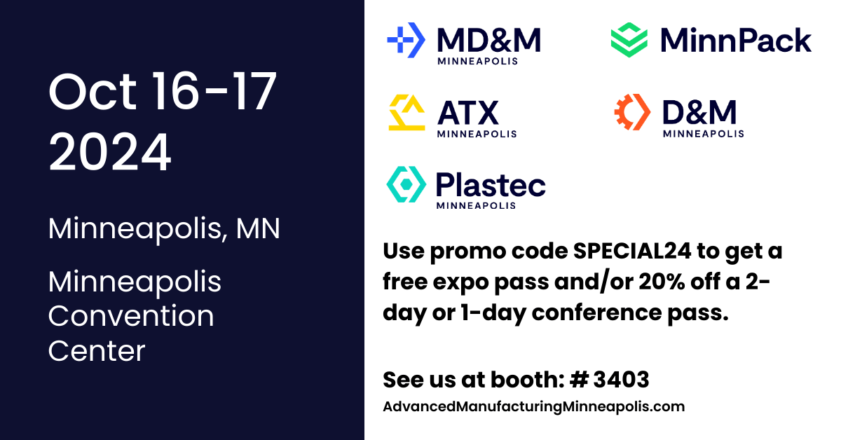 VelosityMed's tweet photo. Start planning now for MD&amp;M Minneapolis 2024!
 
 Velositywill be there on October 16-17. Visit us at booth #3403 to discover how we can help bring your next project to the finish line!
 
For more information visit us at: https://t.co/0R5FFjKa3G https://t.co/zoM3uEqMjQ