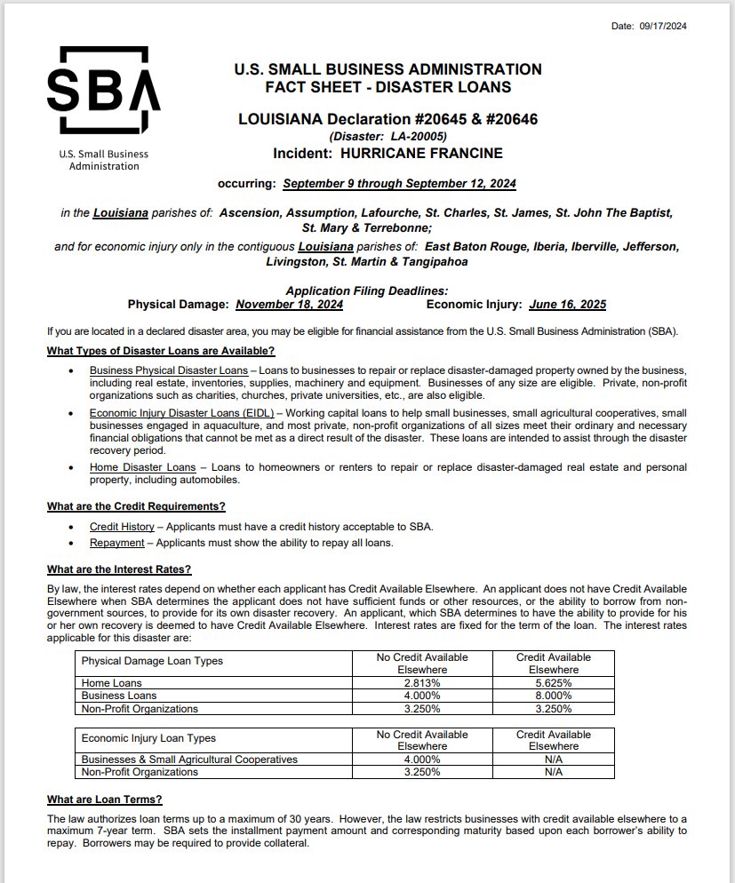 UL_Informatics's tweet photo. @SBAgov Business Recovery Centers for those affected by Hurricane Francine are open today! https://t.co/2kjI0dSL6M