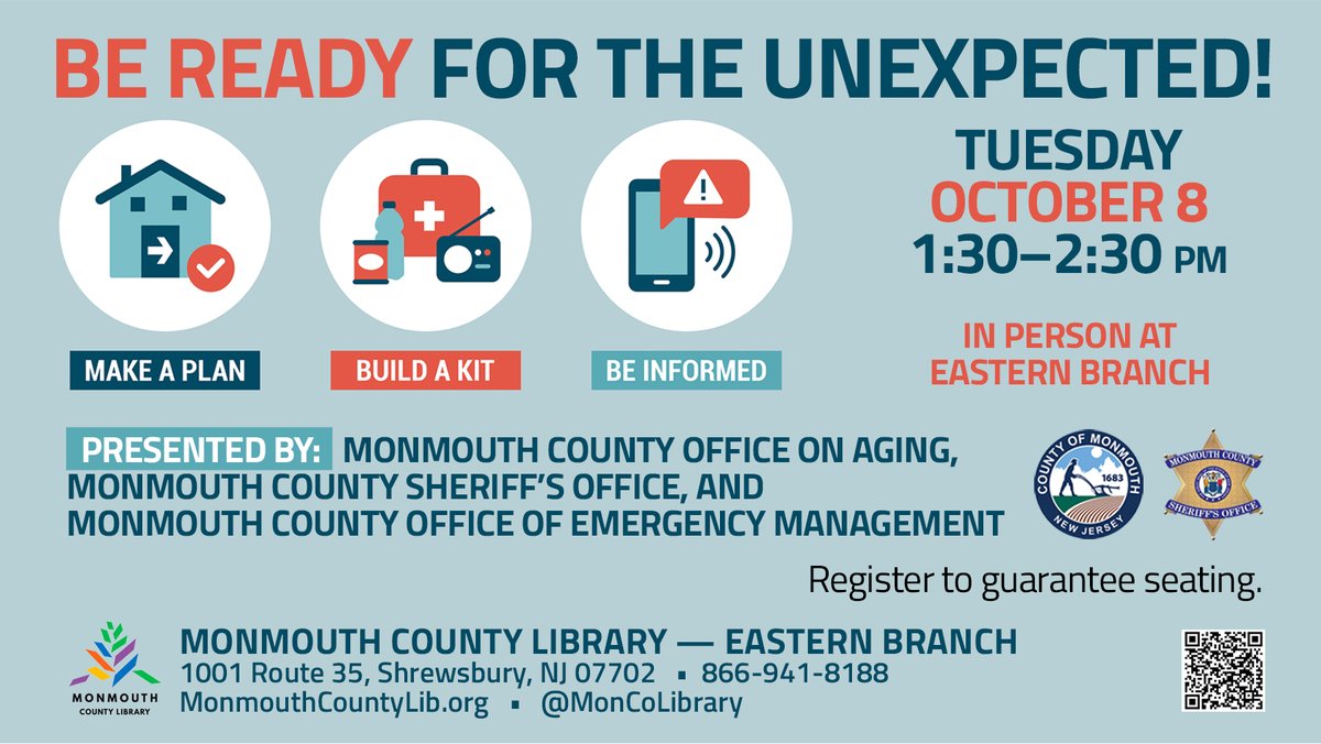 MonCoLibrary's tweet photo. Join us at Eastern Branch on Tuesday, October 8 at 1:30 PM to learn how to prepare for the unexpected and acquire the information needed to ensure the safety of yourself and your loved ones.
#monmouthcountylibrary #moncolibrary #beready #preparefortheunexpected #SafetyProgram https://t.co/C0dPwo16gq