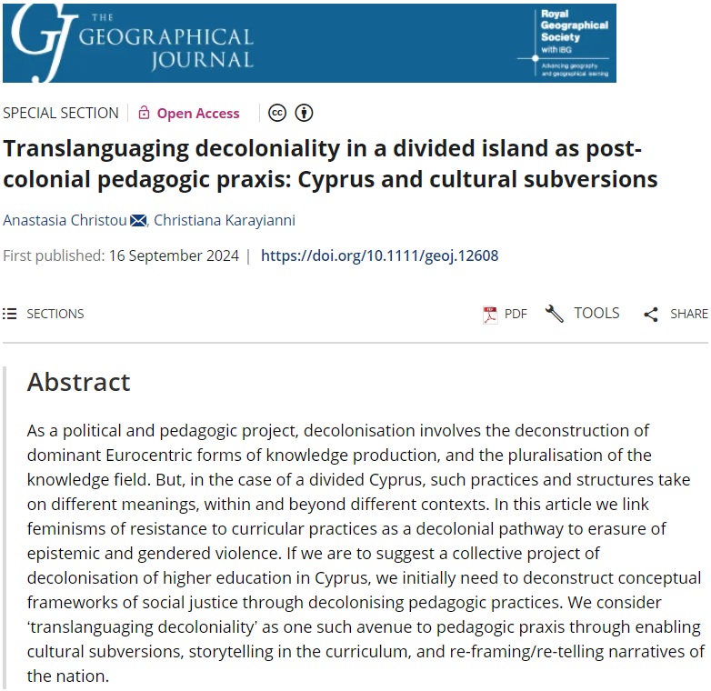 The Geographical Journal (@geogjournal) on Twitter photo 📣New paper published as part of upcoming Special Section on Language and migration:
'Translanguaging decoloniality in a divided island as post-colonial pedagogic praxis: Cyprus and cultural subversions' by Anastasia Christou and Christiana Karayianni.
doi.org/10.1111/geoj.1… 📣New paper published as part of upcoming Special Section on Language and migration:
'Translanguaging decoloniality in a divided island as post-colonial pedagogic praxis: Cyprus and cultural subversions' by Anastasia Christou and Christiana Karayianni.
doi.org/10.1111/geoj.1…