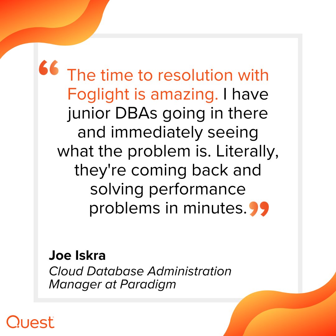 Quest's tweet image. How fast can you troubleshoot #DatabasePerformance issues?

Our customer can do it in minutes with the help of Foglight!

See how! 👉okt.to/ph9X6x