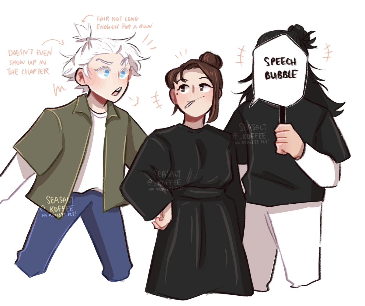 They really said “lets grow out our hair and tie it in a bun and wear black &amp; white and not tell gojo”

#jjk270 #jjkspoilers