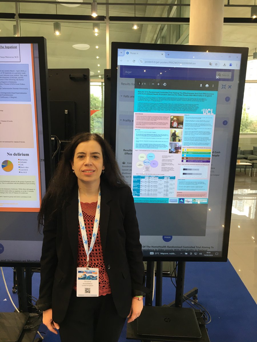 CAvgerinou's tweet image. Our poster presenting results of the HomeHealth trial - the HomeHealth service reduced hospital admissions and unpaid carer burden for older people with mild frailty
Prof. Kate Walters @UCL_PCPH @EuGMSSociety #EuGMS2024