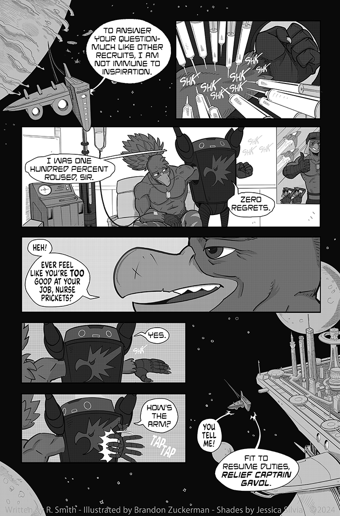 A new page 💉 banishedonline.com/comic/18

Written by <a href="/RyanComics/">ryancomics.bsky.social</a> 
Art by <a href="/ManOrCatman/">Brandon Zuckerman</a>
Shading by <a href="/Buboniccc/">Bubonicc</a> 

Our comics get made thanks to Patreon✨ patreon.com/ryancomics