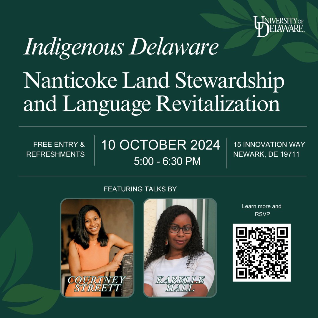 Join us on October 10th from 5-6:30pm as we highlight local Nanticoke initiatives to foster awareness of Indigenous land stewardship and language revitalization. You won't want to miss it! 👏🌲
Stay tuned to hear more about this engaging event!
#environmentalawareness #udel