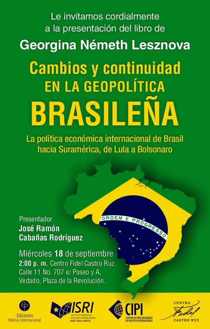 gina_nemeth1975's tweet photo. Ayer el #CentroFidelCastroRuz acogió el lanzamiento del libro de mi autoría "Cambios y continuidad de la geopolítica brasileña. La política económica internacional de Brasil hacia Suramérica, de Lula a Bolsonaro", presentado por el Dr.C José Ramón Cabañas, Director del #CIPI. https://t.co/Zvm4YFsQ2A