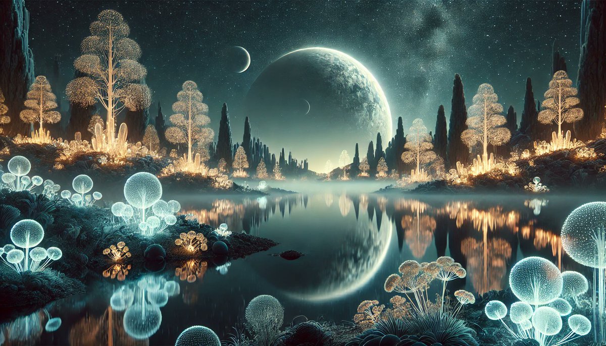 twittwaffle's tweet image. Step into an otherworldly realm, where glowing crystal trees reflect in tranquil waters under the gaze of a distant planet. 🌕✨ #AlienSerenity #CrystalTrees #CosmicReflection #EtherealLandscapes