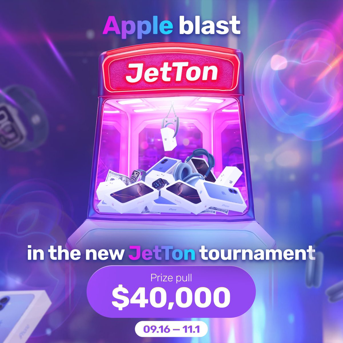 $40,000 in a new tournament from JetTon

The  JetTon Apple Blast kicked off, where you can win over 40 Apple gadgets and $10,000 from JetTon Games 👉t.me/jetton

☘️ Go to the tournament banner and bet on participating games.

🏆 The top 50 players will receive a share