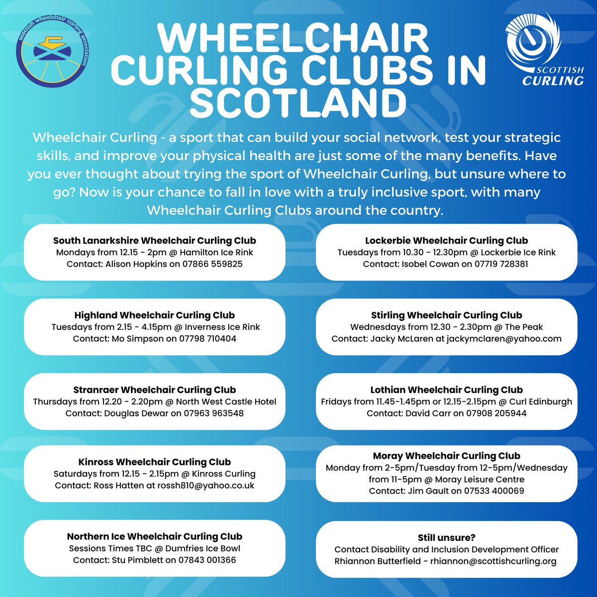 Scottish Wheelchair Curling Association (@swcaofficial) on Twitter photo Thanks Rhiannon at <a href="/scottishcurling/">Scottish Curling</a> for this graphic detailing the Scottish wheelchair curling clubs🏴
Please contact either Rhiannon, the SWCA or your local club if you would like to take up this great sport 🥌
rhiannon@scottishcurling.org
scottishwheelchaircurling@gmail.com Thanks Rhiannon at <a href="/scottishcurling/">Scottish Curling</a> for this graphic detailing the Scottish wheelchair curling clubs🏴
Please contact either Rhiannon, the SWCA or your local club if you would like to take up this great sport 🥌
rhiannon@scottishcurling.org
scottishwheelchaircurling@gmail.com