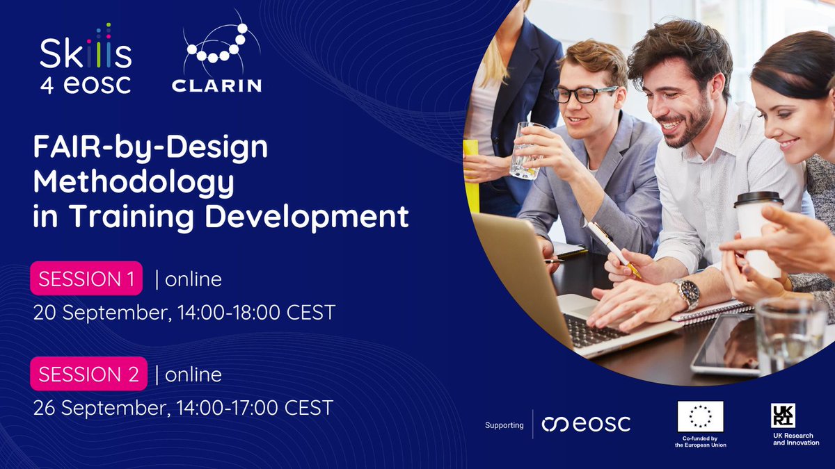 Skills4Eosc's tweet photo. 🗓️ Join us tomorrow 20 Sept. 14:00 - 18:00 CEST for the Skills4EOSC training on FAIR-by-Design Methodology for the @CLARINERIC  community! 
Learn how to integrate FAIR principles into learning materials design.
🔗 Register now: https://t.co/7WCQfmgLPx #FAIRData #openscience https://t.co/3OYWjthXsx