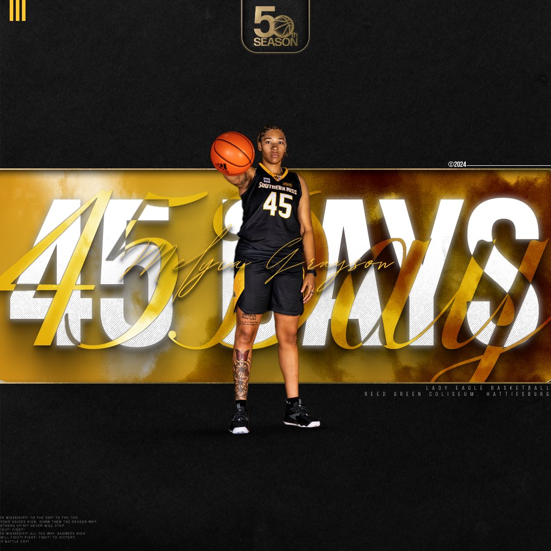 Southern Miss Lady Eagle Basketball (@southernmisswbb) on Twitter photo 4โฃ5โฃ
We're Melyia Grayson days away from tipoff!
๐: smttt.info/WBBSZN
<a href="/Melyia2/">Melyia Grayson</a> | #McNelisStrong | #SMTTT 4โฃ5โฃ
We're Melyia Grayson days away from tipoff!
๐: smttt.info/WBBSZN
<a href="/Melyia2/">Melyia Grayson</a> | #McNelisStrong | #SMTTT