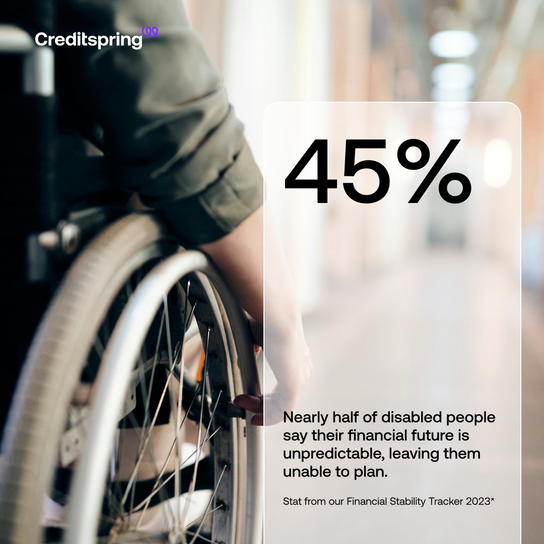 The financial outlook is tough for many in the UK, but it’s even harder for those with disabilities - 45% say their future is unpredictable. 

At Creditspring, we’re reshaping lending by offering safer solutions to those who need it most. 

#Creditspring #FinancialInclusion