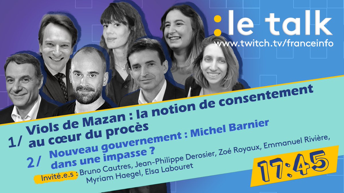 franceinfo pro (@franceinfopro) on Twitter photo ▶️🖥️
Aujourd’hui dans “le talk” :
"Viols de Mazan : la notion de consentement au coeur du procès”
<a href="/ZoeRoyaux/">Zoe Royaux</a>, <a href="/mymyhgl/">mymyhgl.bsky.social</a> et Elsa Labouret sont avec <a href="/LudoPauchant/">Ludo Pauchant</a>.
📍 À 18h sur la chaîne Twitch de <a href="/franceinfo/">franceinfo</a> :
twitch.tv/franceinfo ▶️🖥️
Aujourd’hui dans “le talk” :
"Viols de Mazan : la notion de consentement au coeur du procès”
<a href="/ZoeRoyaux/">Zoe Royaux</a>, <a href="/mymyhgl/">mymyhgl.bsky.social</a> et Elsa Labouret sont avec <a href="/LudoPauchant/">Ludo Pauchant</a>.
📍 À 18h sur la chaîne Twitch de <a href="/franceinfo/">franceinfo</a> :
twitch.tv/franceinfo