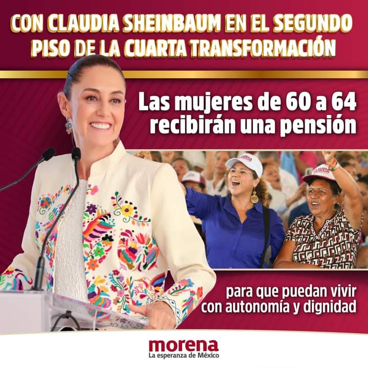 El segundo piso de la Cuarta Transformación tendrá rostro de mujer.

Con <a href="/Claudiashein/">Claudia Sheinbaum Pardo</a> en la presidencia, las mujeres de 60 a 64 años recibirán un pensión para que puedan vivir dignamente.