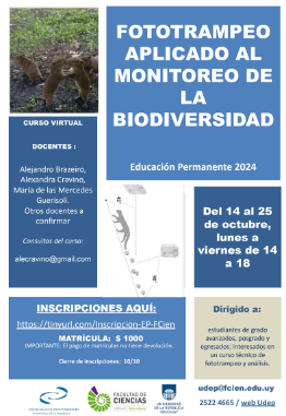 eduperfcien's tweet photo. Estimad@s,  Están abiertas las inscripciones para la pasantía  EP "FOTOTRAMPEO APLICADO AL MONITOREO DE LA BIODIVERSIDAD".  INSCRIPCIONES: https://t.co/0op32MVTkX…………hasta el 10 de octubre. Matrícula: $1000 .  Adjuntamos más info. https://t.co/oqXgi2IwTw