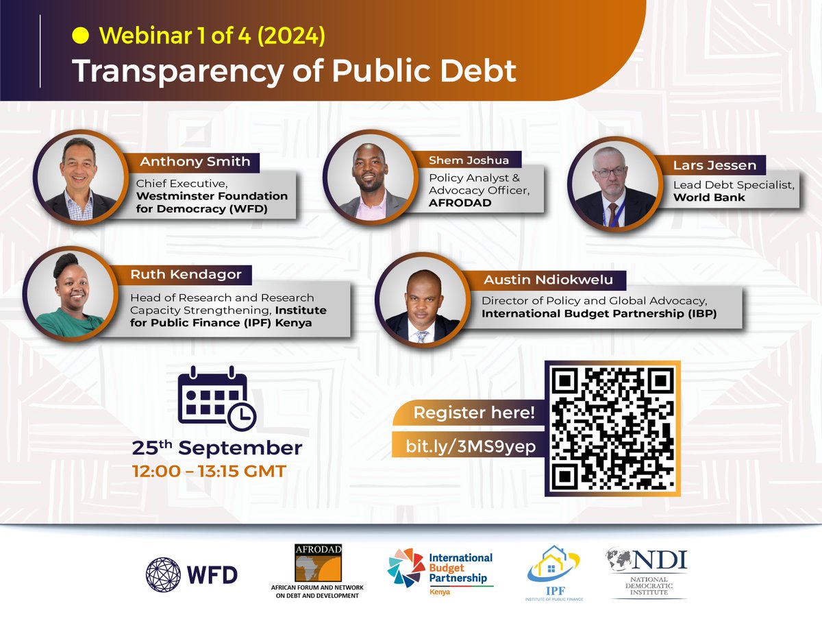 Franklin De Vrieze (@franklindvrieze) on Twitter photo Happy to announce <a href="/WFD_Democracy/">Westminster Foundation for Democracy (WFD)</a> & <a href="/AFRODAD2011/">AFRODAD</a>'s new webinar series on public debt oversight, with <a href="/NDI/">National Democratic Institute</a>, @openbudgets & <a href="/ipf_global/">Institute of Public Finance</a> !
Learn more about the series: wfd.org/webinar-series…
Register for the first webinar on 25 September: wfd.org/what-we-do/eve… Happy to announce <a href="/WFD_Democracy/">Westminster Foundation for Democracy (WFD)</a> & <a href="/AFRODAD2011/">AFRODAD</a>'s new webinar series on public debt oversight, with <a href="/NDI/">National Democratic Institute</a>, @openbudgets & <a href="/ipf_global/">Institute of Public Finance</a> !
Learn more about the series: wfd.org/webinar-series…
Register for the first webinar on 25 September: wfd.org/what-we-do/eve…