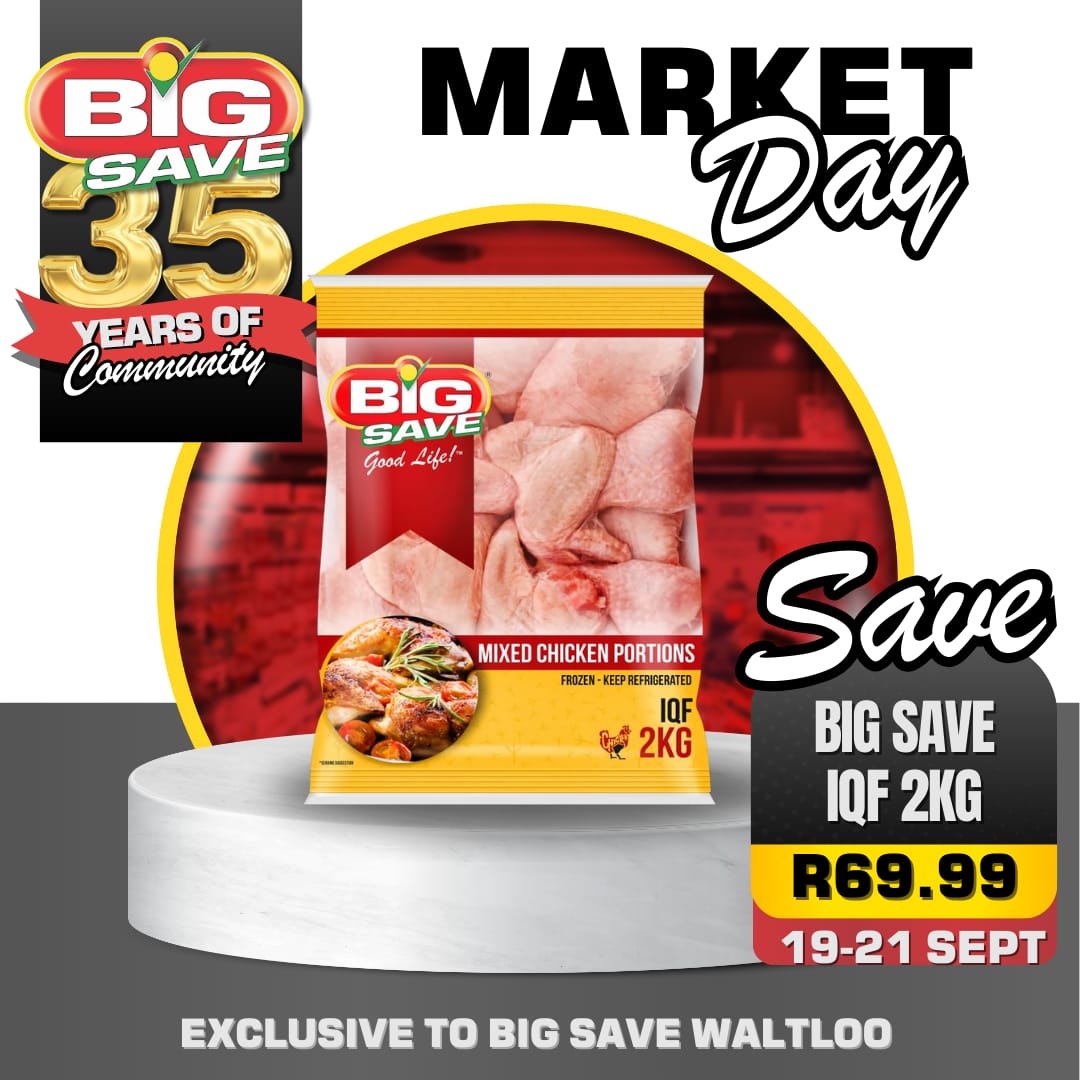 JEEMC3's tweet photo. Big Save Waltloo Market Day

Save Big with our Big Save Waltloo Market Day Special available from 19-21 September 2024

This special is strictly for Big Save Waltloo Customers Only

#BigSave #BigSaveWaltloo #BigSaveGroceryLiquor #marketday #marketday2024 #grocerystore #Mamelodi https://t.co/XmohskydrQ