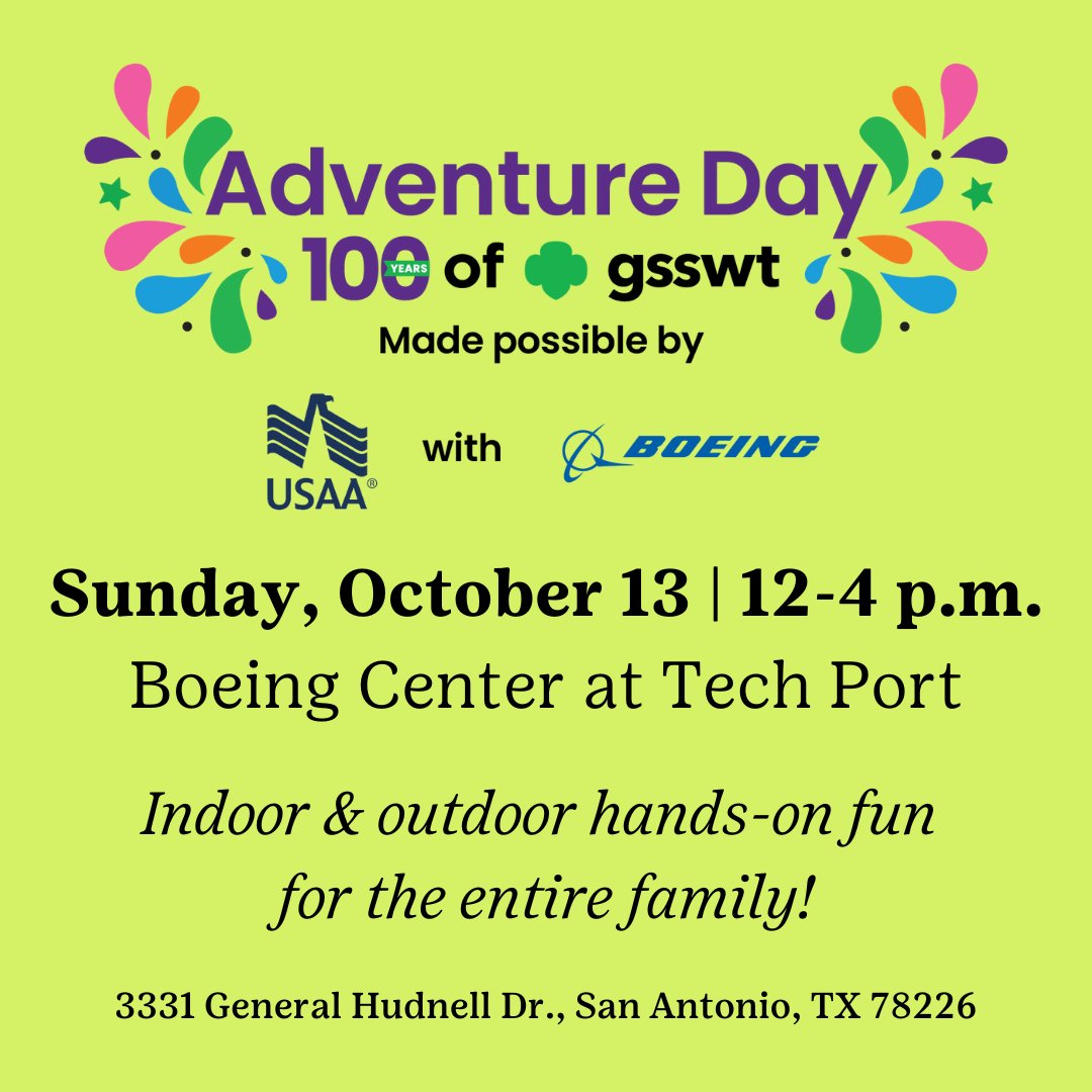 Girl Scouts of Southwest Texas (@girlscoutsswtx) on Twitter photo Get ready for an exciting day of exploration, learning, and fun! Register now for the free Adventure Day on Sunday, October 13, at <a href="/BoeingCenterSA/">Boeing Center at Tech Port</a> at Tech Port. bit.ly/3ZuJeyl Enjoy hands-on indoor and outdoor fun, including experiments from <a href="/K8theChemist/">Dr. Kate Biberdorf</a>. #gsswt100 Get ready for an exciting day of exploration, learning, and fun! Register now for the free Adventure Day on Sunday, October 13, at <a href="/BoeingCenterSA/">Boeing Center at Tech Port</a> at Tech Port. bit.ly/3ZuJeyl Enjoy hands-on indoor and outdoor fun, including experiments from <a href="/K8theChemist/">Dr. Kate Biberdorf</a>. #gsswt100